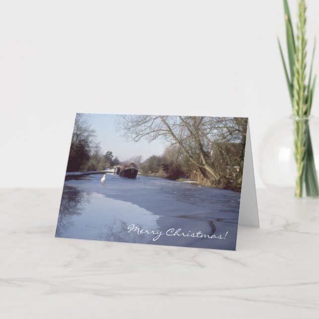 Cartes Pour Fêtes Annuelles Narrowboat sur un canal congelé (Devant)