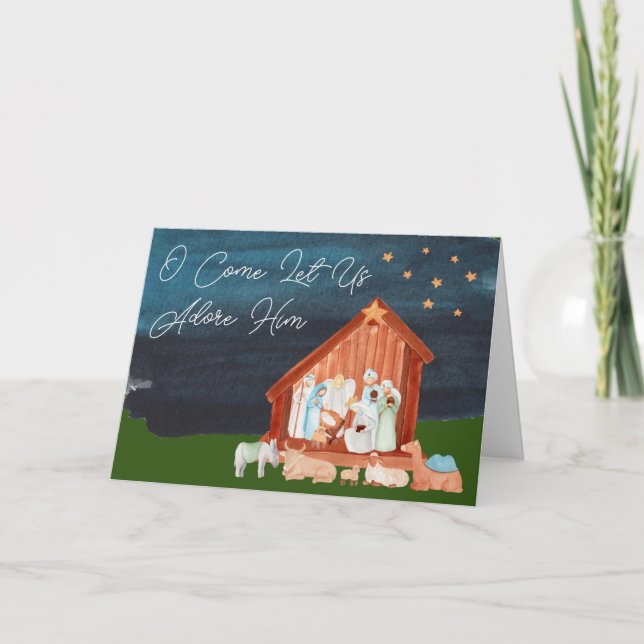 Cartes Pour Fêtes Annuelles Nativité Aquarelle Adore-Lui Écriture Religieux (Devant)