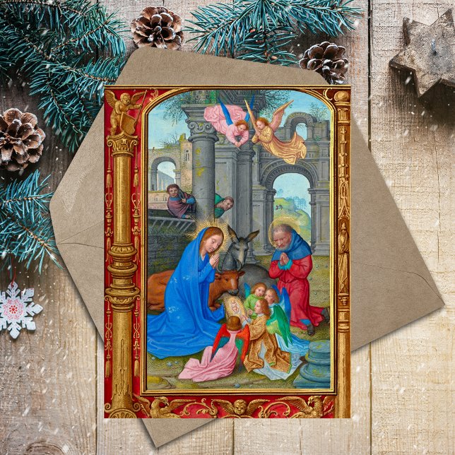 Cartes Pour Fêtes Annuelles Nativité de Noël chrétienne médiévale (Medieval Manuscript Vintage Religious Catholic Christian Christmas Nativity Scene Holiday Postcard)