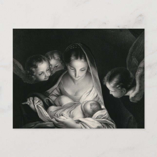 Cartes Pour Fêtes Annuelles Nativité Jésus Vierge Marie Anges Noir Blanc (Devant)