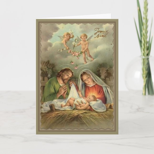 Cartes Pour Fêtes Annuelles Nativité Saint Joseph Vierge Marie Bébé Jésus Ange (Devant)