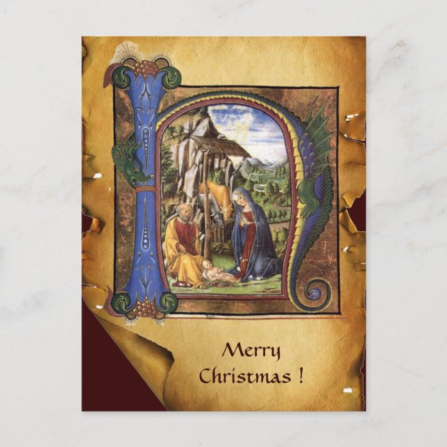 Cartes Pour Fêtes Annuelles NATIVITÉ XMAS PARCHEMENT Sapphire Bleu Monogramme (Devant)