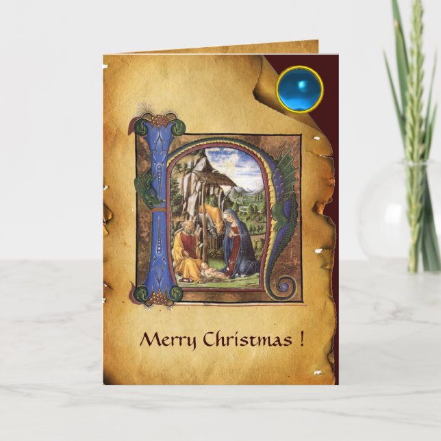 Cartes Pour Fêtes Annuelles NATIVITY MONOGRAM CHRISTMAS PARCHMENT Blue Gem (Devant)
