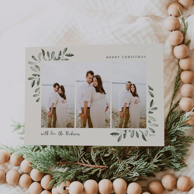 Cartes Pour Fêtes Annuelles Naturellement Joyeux | Elégante aquarelle 3 photo (Créateur téléchargé)
