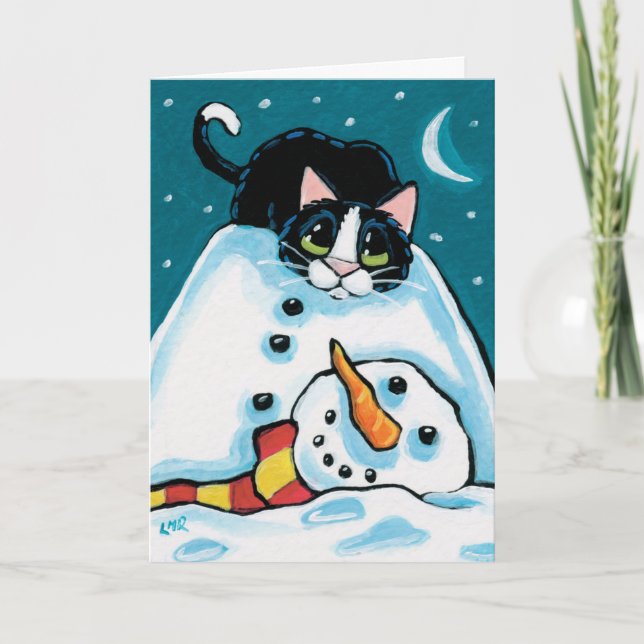Cartes Pour Fêtes Annuelles Naughty Tuxedo Chat et Snowman sans tête (Devant)