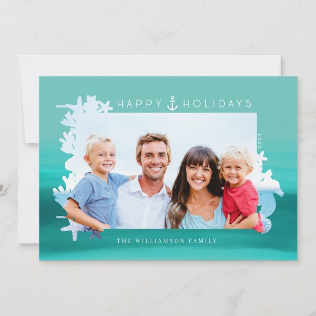 Cartes Pour Fêtes Annuelles Nautical Aqua Happy Holidays Ocean Photo Frame (Devant)