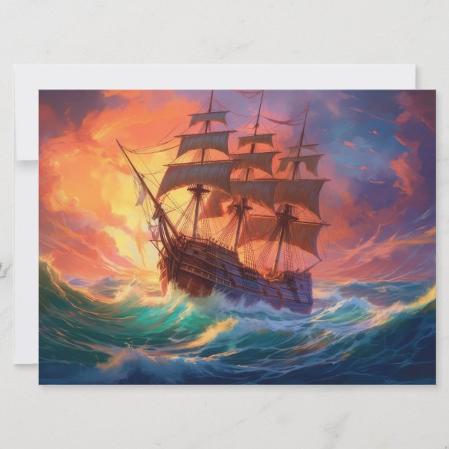 Cartes Pour Fêtes Annuelles Navire À Voile Sur Une Mer Tempérée (Devant)