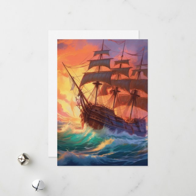 Cartes Pour Fêtes Annuelles Navire À Voile Sur Une Mer Tempérée (Devant/Arrière en situation)