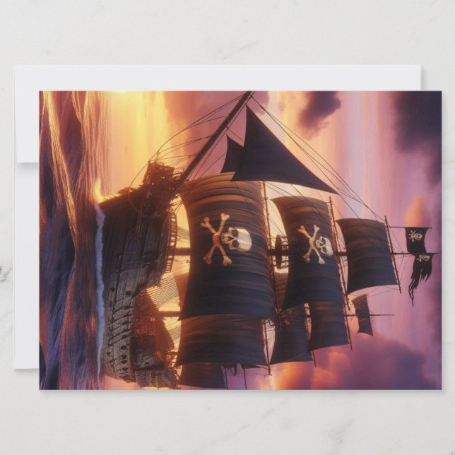Cartes Pour Fêtes Annuelles Navire pirate au lever/coucher du soleil (Devant)