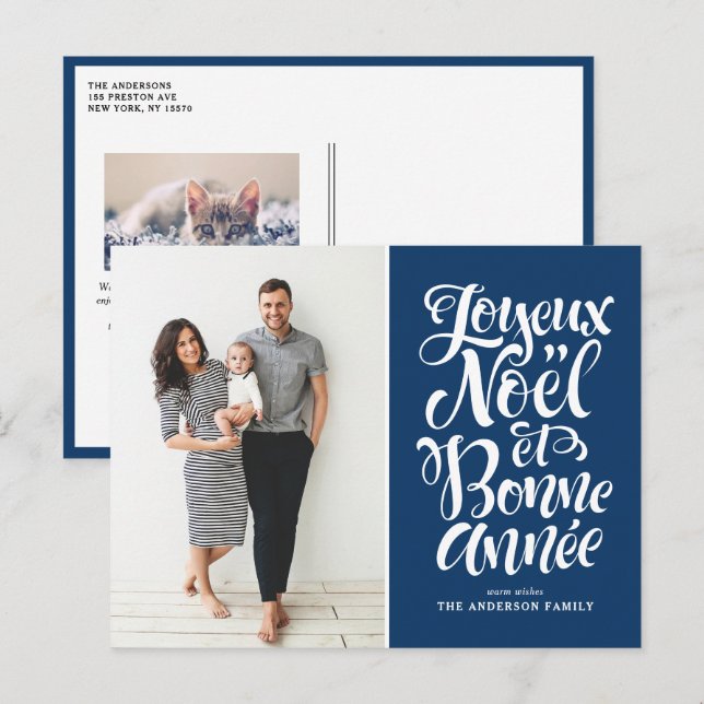 Cartes Pour Fêtes Annuelles Navy Blue Joyeux Noël et Bonne Année Photo Script (Devant / Derrière)