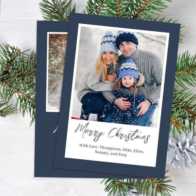 Cartes Pour Fêtes Annuelles Navy Blue Merry Christmas Simple Photo (Merry Christmas Photo Calligraphy Script Card.)