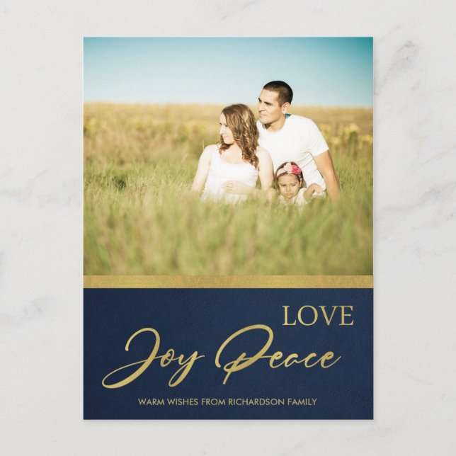 CARTES POUR FÊTES ANNUELLES NAVY FAUX GOLD CALLIGRAPHY LOVE JOVE PEACE PHOTO (Devant)