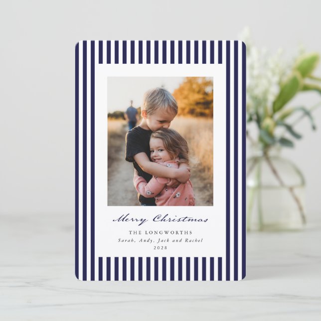 Cartes Pour Fêtes Annuelles Navy Stripes Merry Christmas Flat Photo (Debout devant)