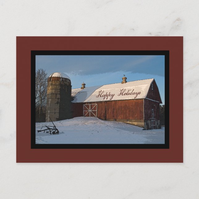 Cartes Pour Fêtes Annuelles Neige couverte Grange Rouge Joyeuses vacances (Devant)