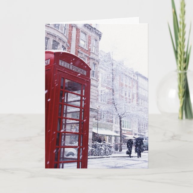 Cartes Pour Fêtes Annuelles Neige tombant sur la boîte téléphonique rouge (Devant)