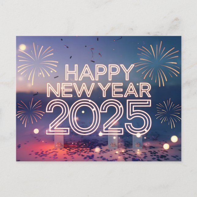 Cartes Pour Fêtes Annuelles Neon Bonne Année 2025 Fireworks (Devant)