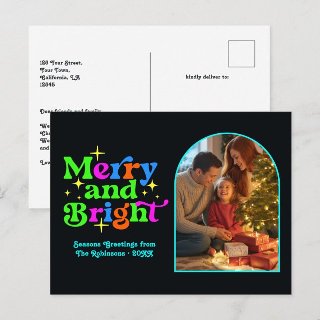 Cartes Pour Fêtes Annuelles Neon Disco Merry et Bright Retro Noël (Devant / Derrière)