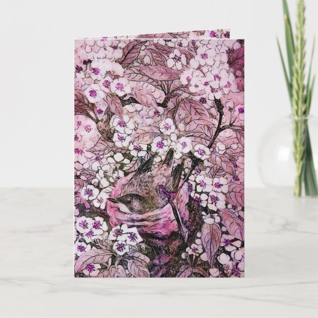 CARTES POUR FÊTES ANNUELLES NEST D'OISEAU, ARBRE AUX FLEURS DE PRINTEMPS ROUGE (Devant)