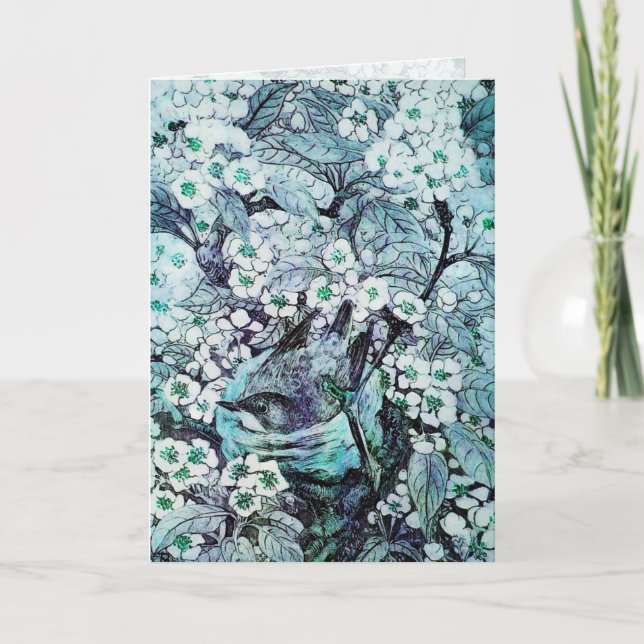 CARTES POUR FÊTES ANNUELLES NEST D'OISEAU, ARBRE AVEC FLEURS DE PRINTEMPS BLAN (Devant)