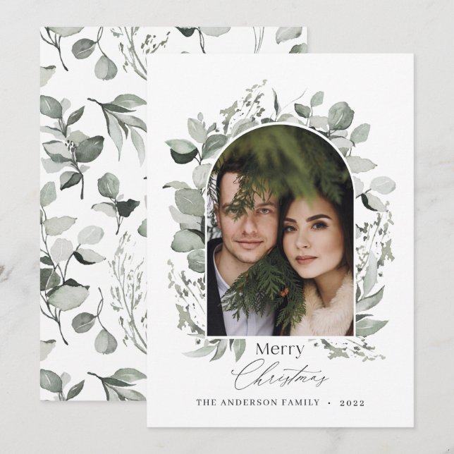 Cartes Pour Fêtes Annuelles Nettoyer moderne élégant botanique vert gris photo (Devant / Derrière)