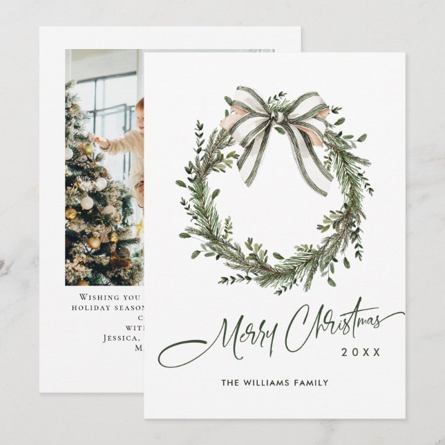 Cartes Pour Fêtes Annuelles Neutral Minimalist Boho Christmas Wreath Photo (Devant / Derrière)