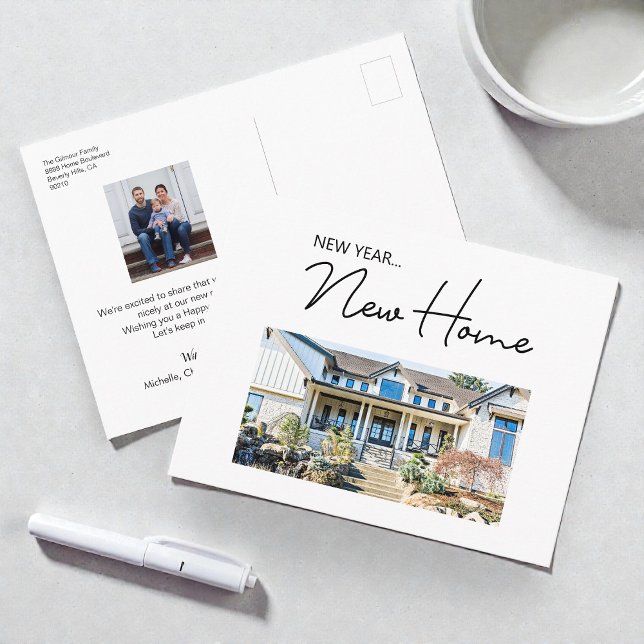 Cartes Pour Fêtes Annuelles New Year New Home Moving Announcement photos (CusromModern new year new home horizontal house photo and family postcard. )