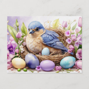 Cartes Pour Fêtes Annuelles Nid d'oiseau bleu et œufs de Pâques, fleurs