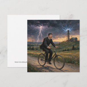 Cartes Pour Fêtes Annuelles Nikola Tesla se rendant à vélo à son laboratoire v