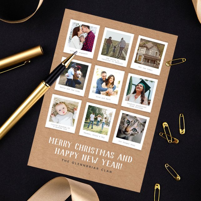 Cartes Pour Fêtes Annuelles Nine Instant Photo Style Year in Review (instant photo print style collage of nine photos and caption text Christmas and new year card)