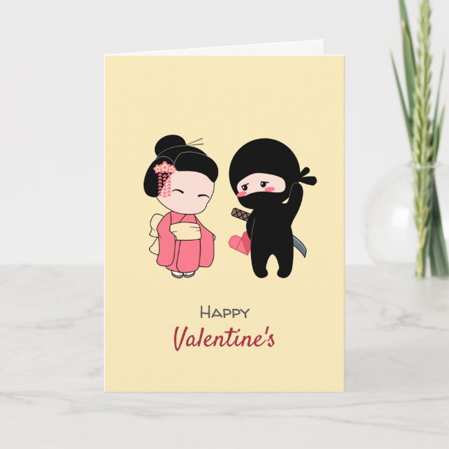 Cartes Pour Fêtes Annuelles Ninja et Geisha Bonne Saint Valentin sur Jaune (Devant)