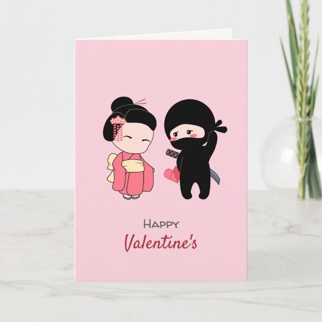 Cartes Pour Fêtes Annuelles Ninja et geisha Valentine heureux sur le rose (Devant)