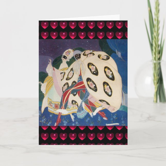 Cartes Pour Fêtes Annuelles NOCTURNE AVEC MASKS Art Déco Saint Valentin Coeur (Devant)