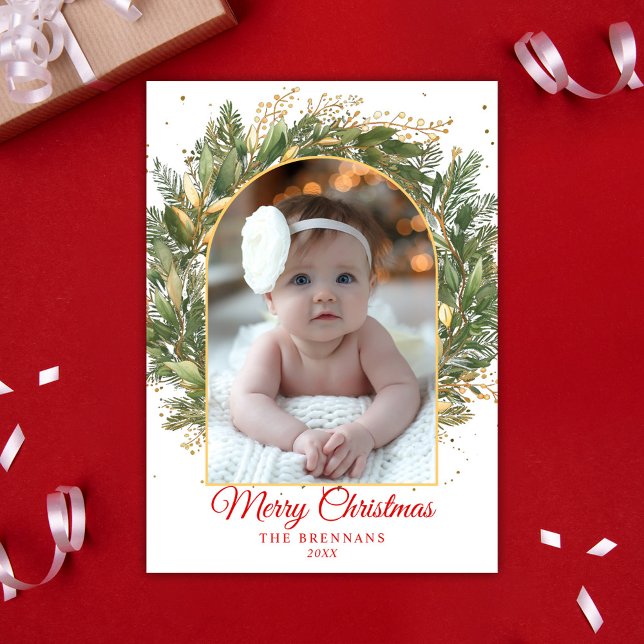 Cartes Pour Fêtes Annuelles Noël 1 Photo Aquarelle Botanique Élégant (Christmas 1 Photo Watercolor Botanical Elegant Holiday Card)