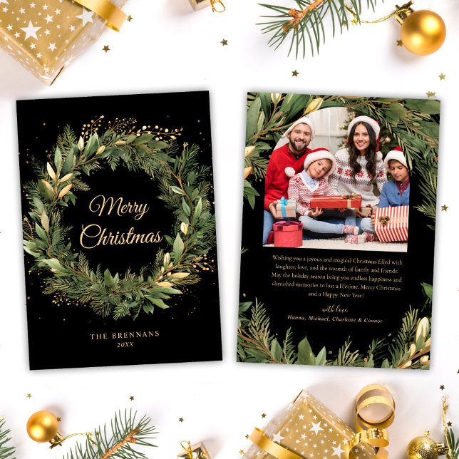 Cartes Pour Fêtes Annuelles Noël 1 Photo Aquarelle Botanique Élégant (Christmas 1 Photo Watercolor Botanical Elegant Holiday Card)