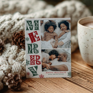 Cartes Pour Fêtes Annuelles Noël 2-Photos Rouge Vert Rétro Merry Christmas