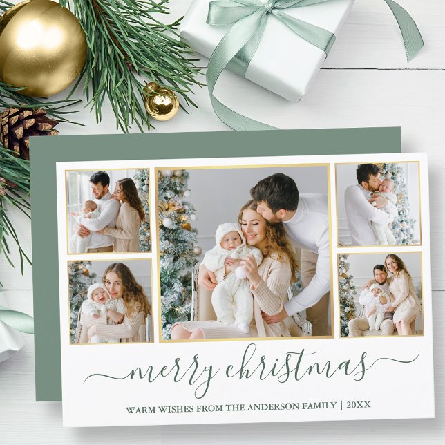 Cartes Pour Fêtes Annuelles Noël 5 Photo Calligraphie Sage Green Gold (Customize to add text to back of card.)