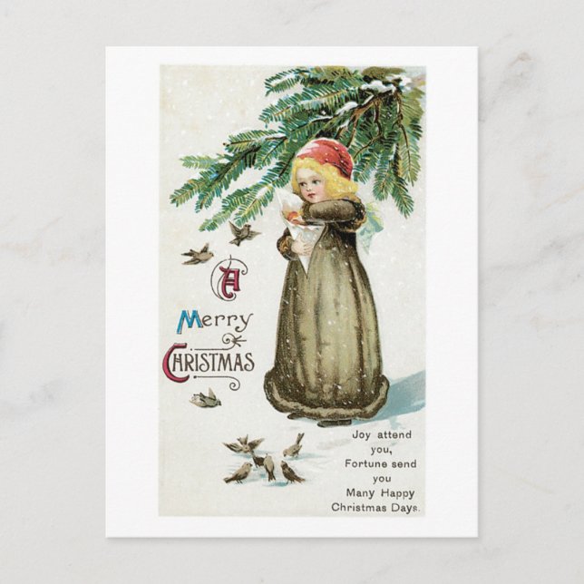 Cartes Pour Fêtes Annuelles Noël à l'ancienne, Fille aux oiseaux (Devant)