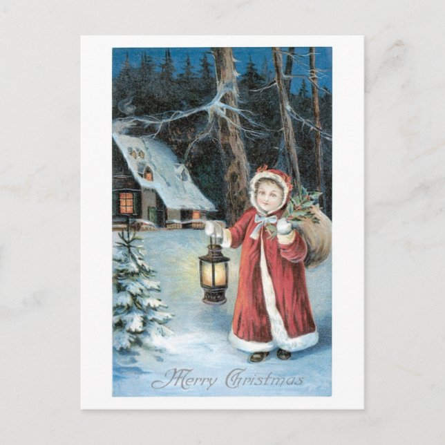 Cartes Pour Fêtes Annuelles Noël à l'ancienne, fille Père Noël (Devant)
