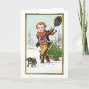 Cartes Pour Fêtes Annuelles Noël à l'ancienne, Garçon avec chiot