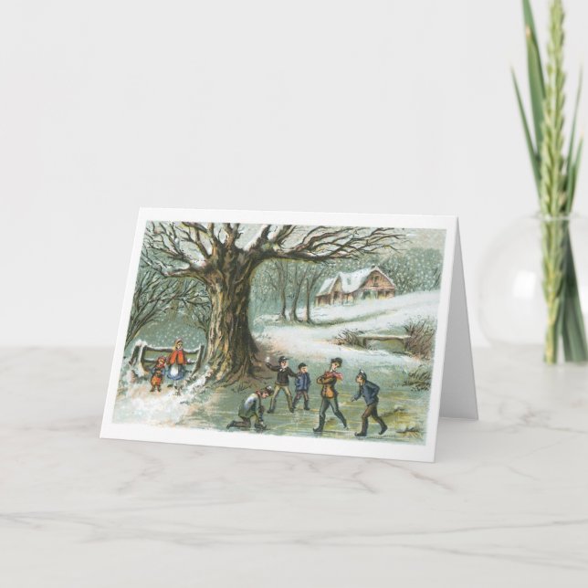 Cartes Pour Fêtes Annuelles Noël à l'ancienne, paysage enneigé (Devant)