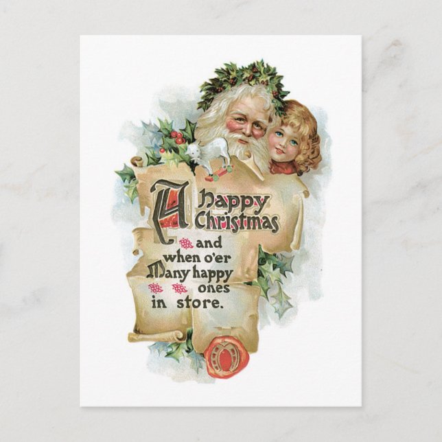 Cartes Pour Fêtes Annuelles Noël à l'ancienne, Père Noël avec fille (Devant)