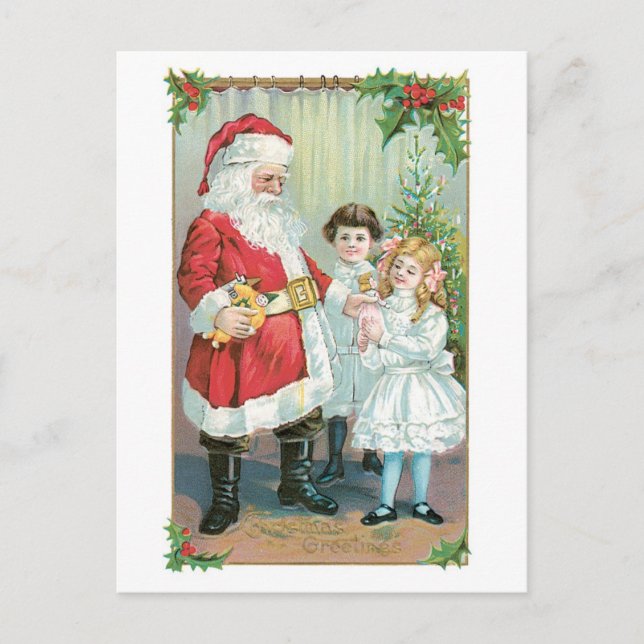 Cartes Pour Fêtes Annuelles Noël à l'ancienne, Père Noël avec filles (Devant)