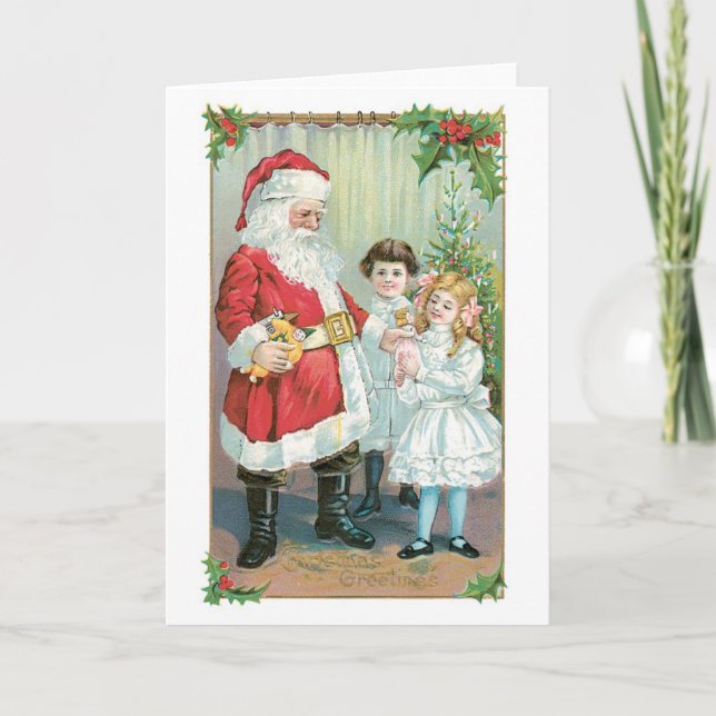 Cartes Pour Fêtes Annuelles Noël à l'ancienne, Père Noël avec filles (Devant)