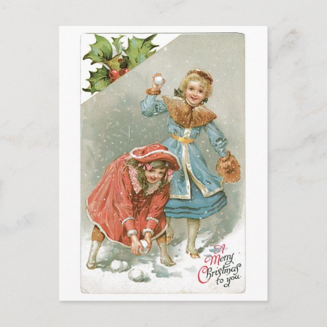 Cartes Pour Fêtes Annuelles Noël à l'ancienne, Snowball fight (Devant)