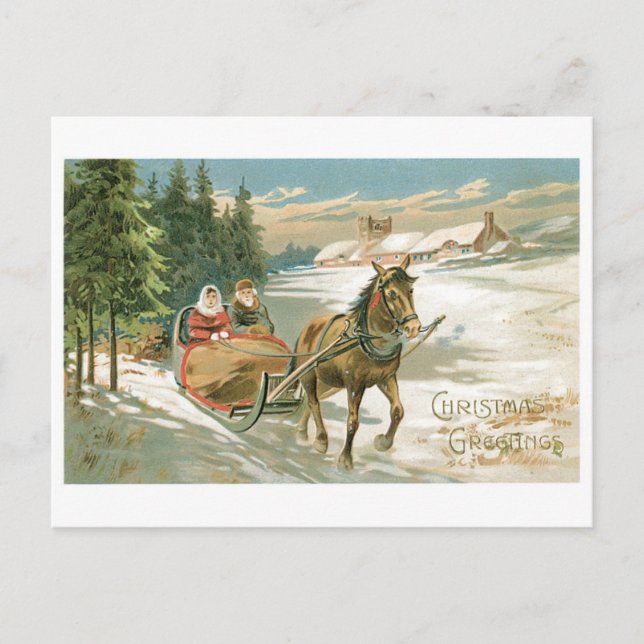 Cartes Pour Fêtes Annuelles Noël à l'ancienne, traîneau à cheval (Devant)
