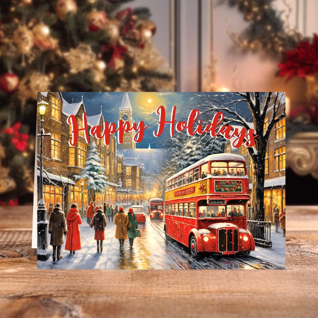 Cartes Pour Fêtes Annuelles Noël à Londres : Scène de la rue des bus rouges (Créateur téléchargé)