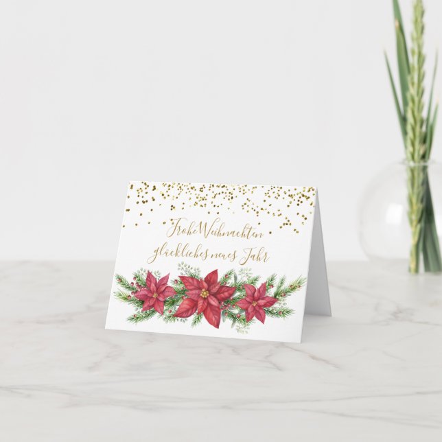 Cartes Pour Fêtes Annuelles Noël allemand, Poinsettia, pin, confetti d'or (Devant)