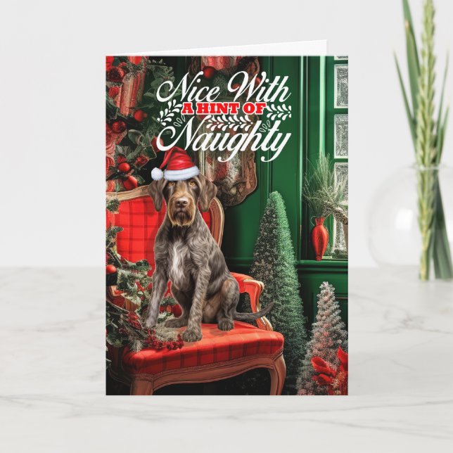 Cartes Pour Fêtes Annuelles Noel allemand Wirehair Pointer Naughty ou Nice (Devant)