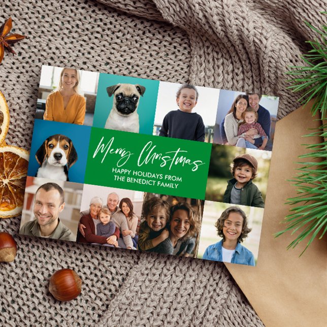 CARTES POUR FÊTES ANNUELLES NOËL ANNÉE EN REVUE 10 PHOTOS BLUE PINES (GREEN TEN PHOTOS FAMILY POSTCARD WITH CALLIGRAPHY ACCENT AND FAMILY NAME. BEST INSTAGRAM PHOTOS)