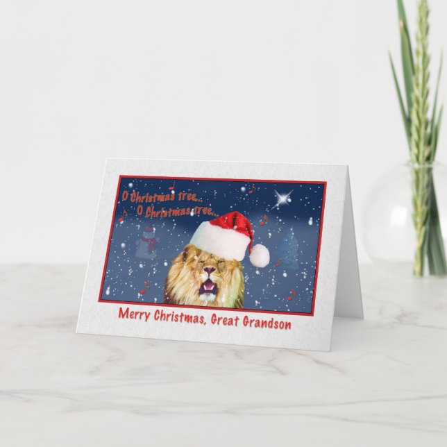Cartes Pour Fêtes Annuelles Noël, arrière-petit-fils, lion dans le casquette (Devant)